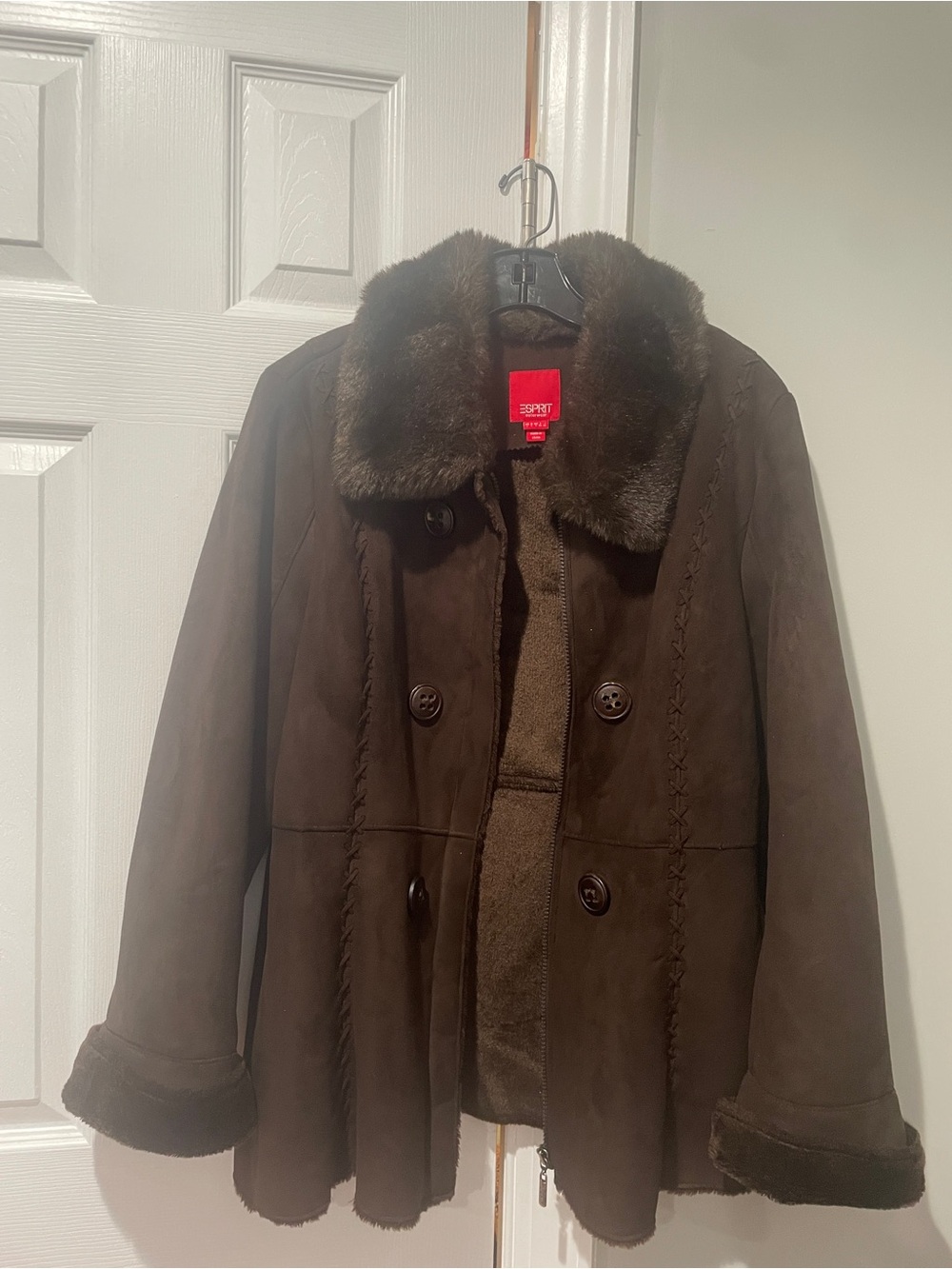 Esprit Women's Brown Faux-Shearling Coat with Fur Collar